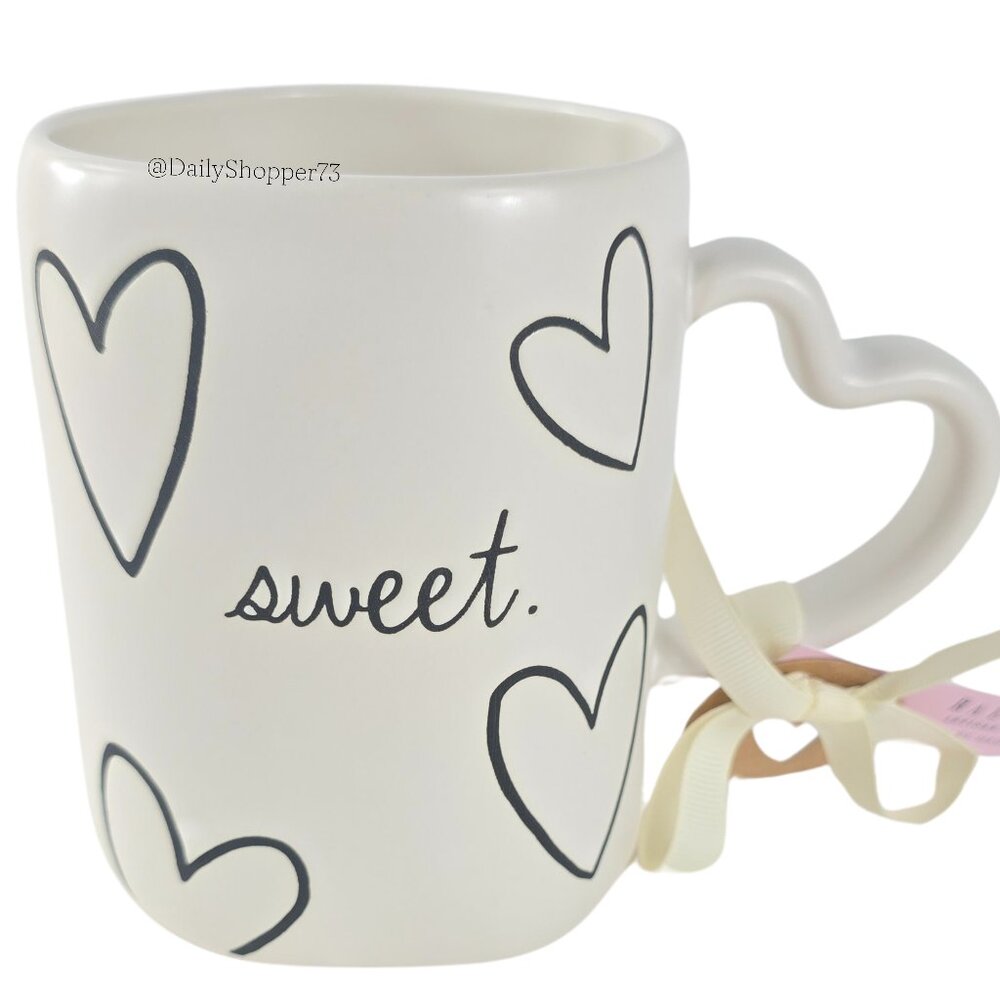 Rae Dunn "sweet" Engraved Hearts and Heart Handle Ceramic Coffee Mug